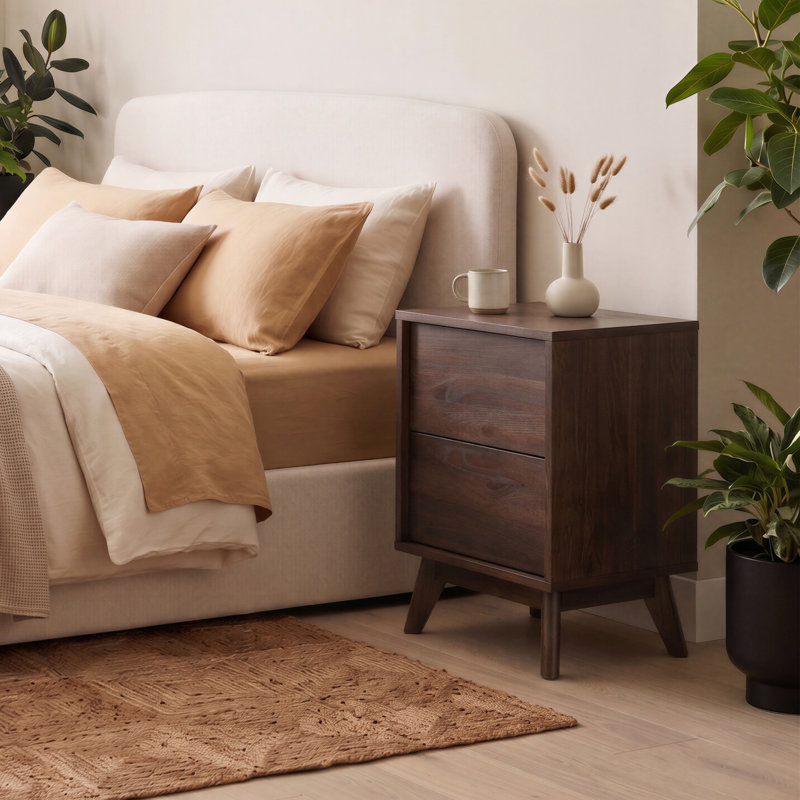 Venne 2 Push-Open Drawer Wood Effect Bedside Table With Tapered Legs - Modern Scandi, Walnut