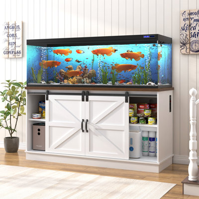 Farmhouse Aquarium Stand For 75-120 Gallon Fish Tanks, Reptile Tank Stand With Power Outlet & Sliding Barn Door, Heavy Duty Fish Tank Stand With Cabinet Storage For Turtle Tanks/Reptile Terrariums