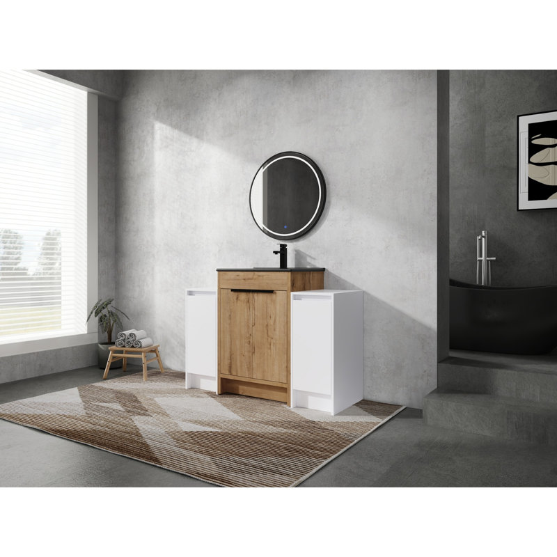 Meuble-lavabo autoportant de 48 pouces avec lavabo en céramique noire et 2 armoires de rangement, porte à fermeture douce, armoire 02424IMO + 0312 * 2, ensemble KD