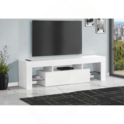 Meuble télé, console de 63 po, meuble multimédia, meuble de rangement, salon, chambre à coucher, stratifié blanc brillant, contemporain, moderne