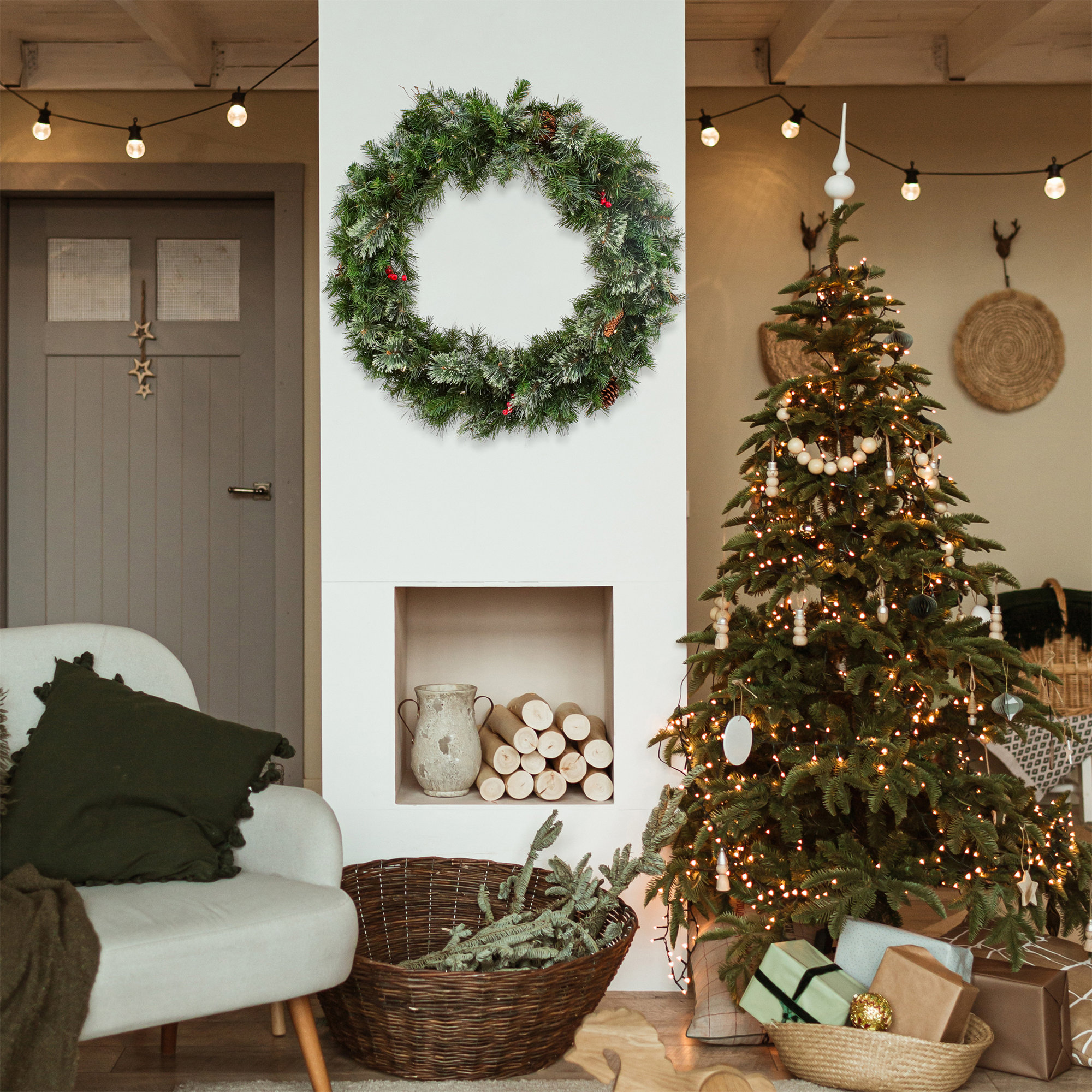 The Holiday Aisle® Glistening Pine Wreath with LED Lights, 36"