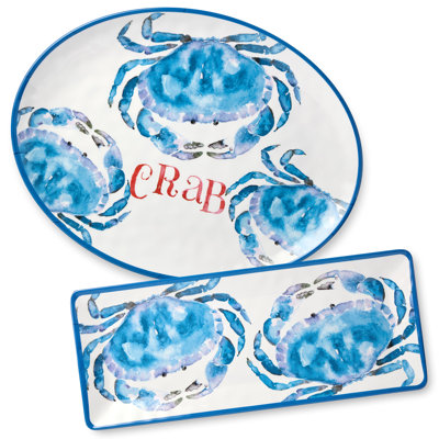 Seaside Serving Elegance: Beach House Crab Melamine 2-Piece Platter Set – Oval & Rectangular Platters, Durable, Shatterproof, Lightweight & Dishwasher-Safe