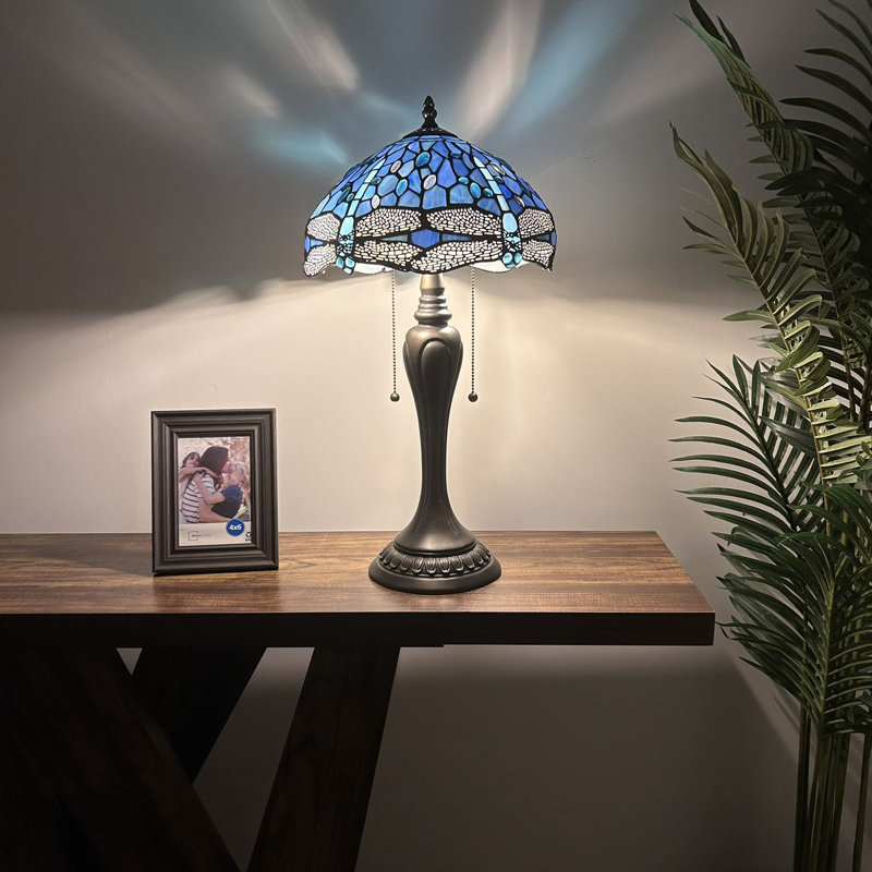 Gleb Tiffany Table Lamp Stained Glass Dragonfly LED Bulbs Included 12'W*12"D*22"H, Sea Blue