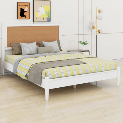 Platform bed frame with woven headboard, reinforced support and boho coastal style