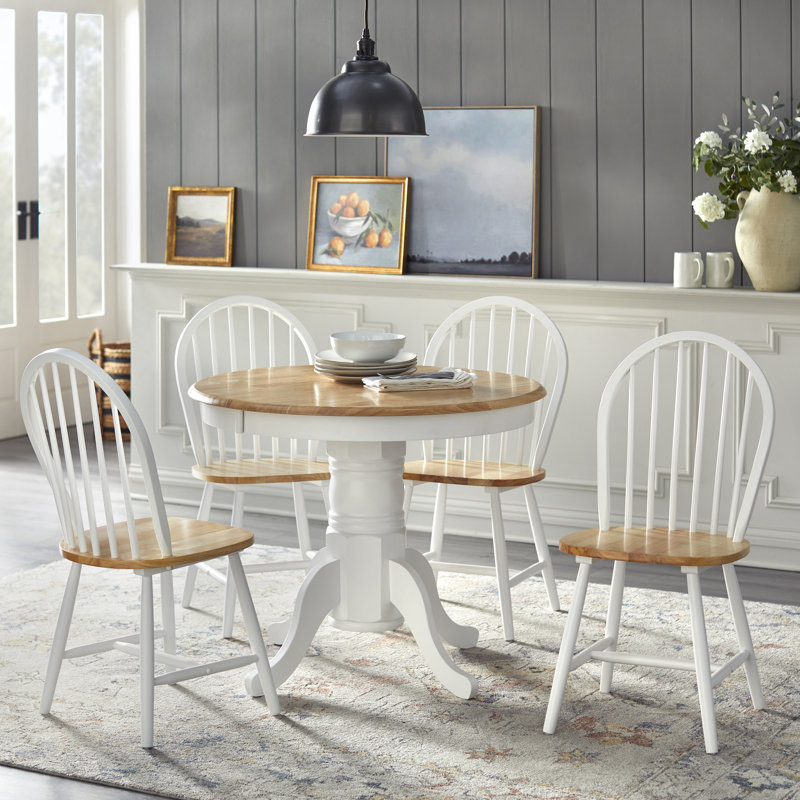 Sara Solid Wood Dining Set, 5 Pieces: Table, 4 Chairs, Natural/White, Natural/White