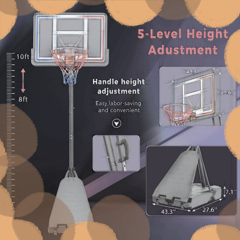 Panier de basketball portatif en métal antirouille à hauteur ajustable l 43,31 po avec rebord séparable