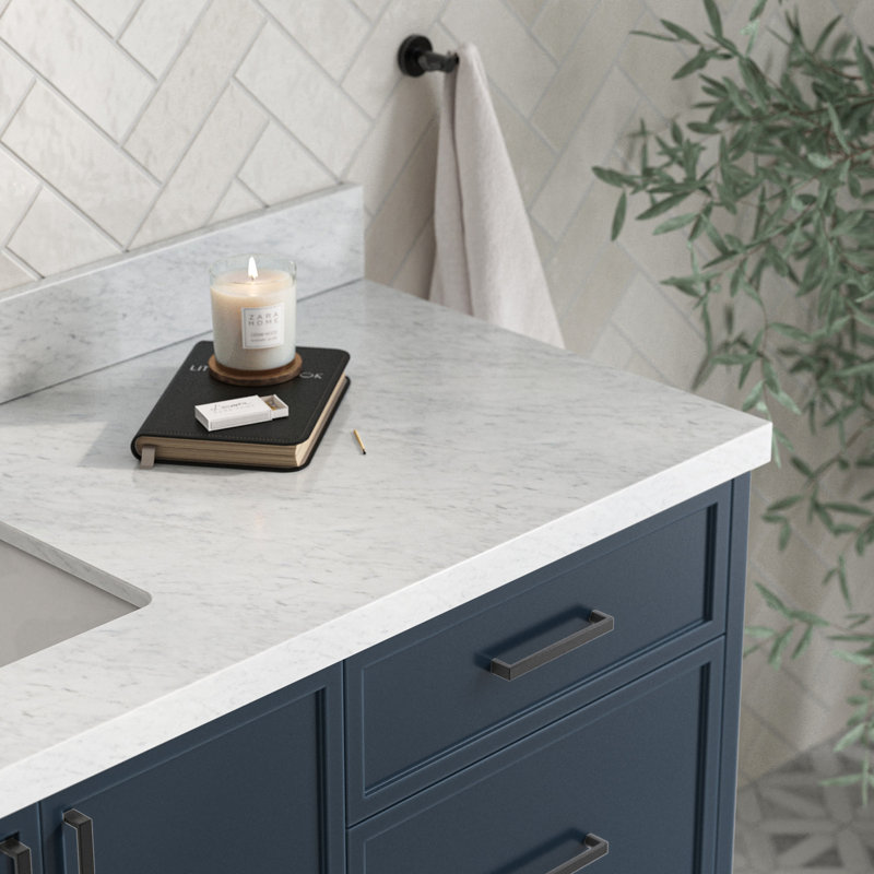 Ariel Kelly 67 Inch Single Rectangular Sink Bathroom Vanity With Italian Carrara Marble Countertop, Midnight Blue