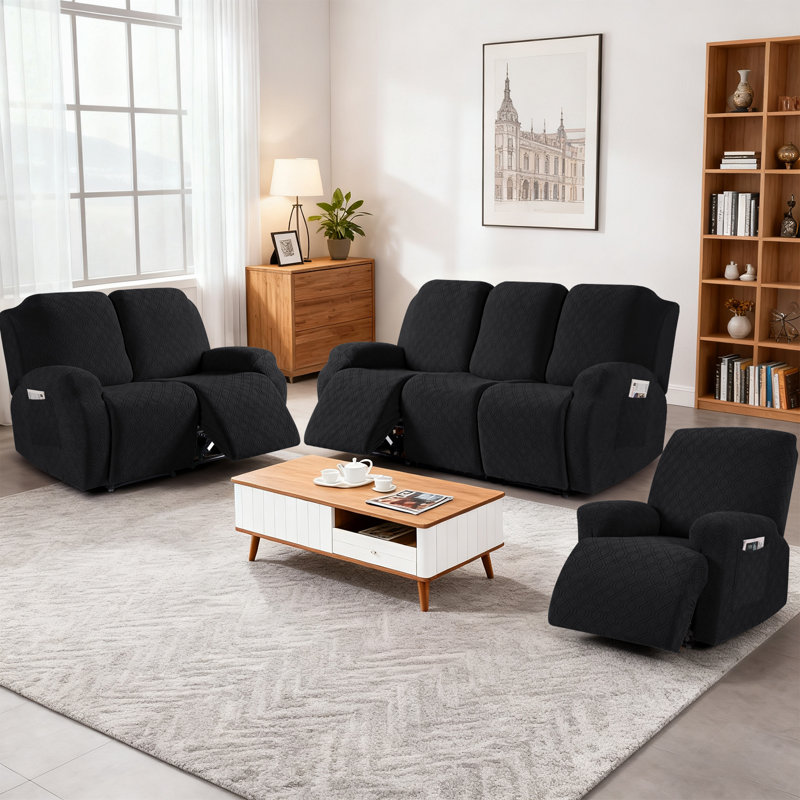 Housse pour canapé inclinable et extensible 3 pièces Wald, Velours noir