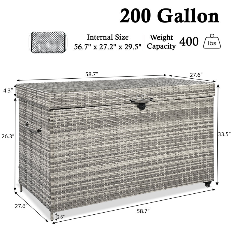 200 Gallon All-Weather Outdoor Storage Box, Wicker Deck Box With Wheels, Gray