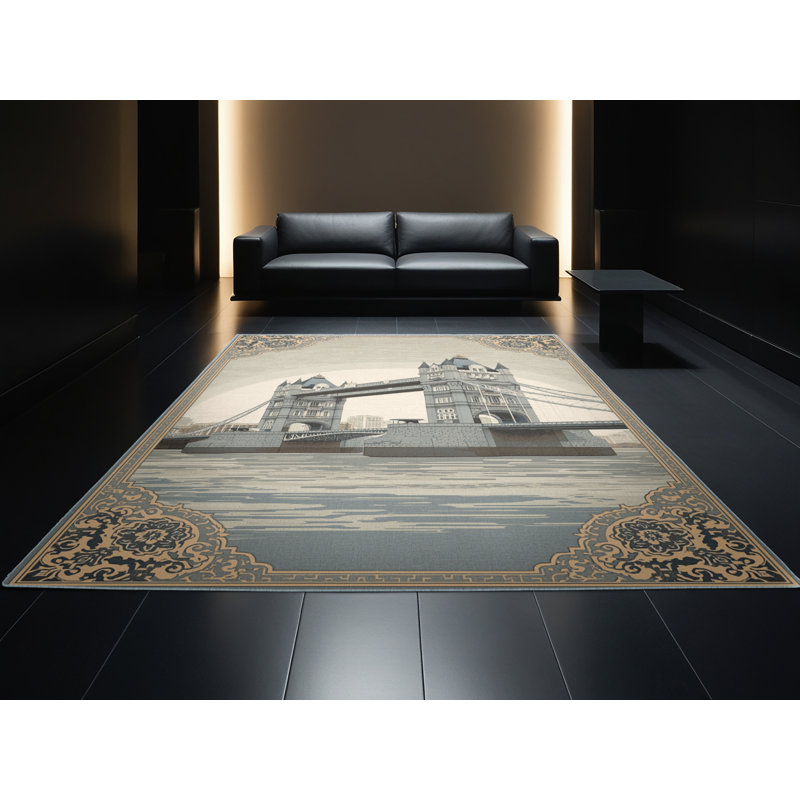 Machine Washable Paitlyn London Tower Bridge Traditional Oriental Rug in Beige – SkyBlue Binding, 7x10