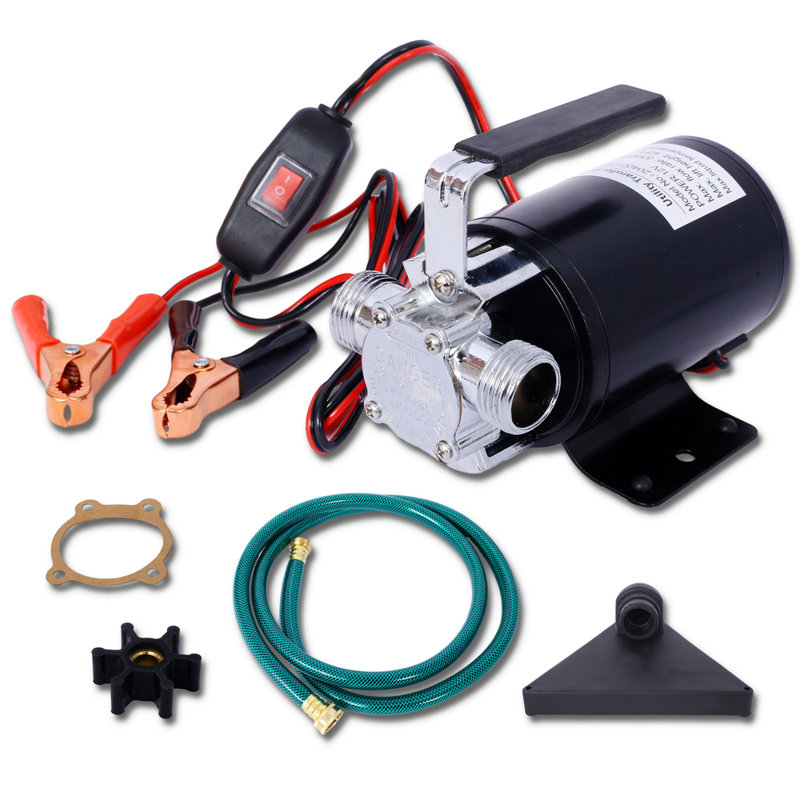 Pompe à eau alimentée par batterie 12 V DC - Mini pompe de transfert de puisard utilitaire portative 1 / 10hp 330gph, avec ensemble de tuyau d'eau et connecteurs en bronze chromé, noir pour usage domestique / utilitaire