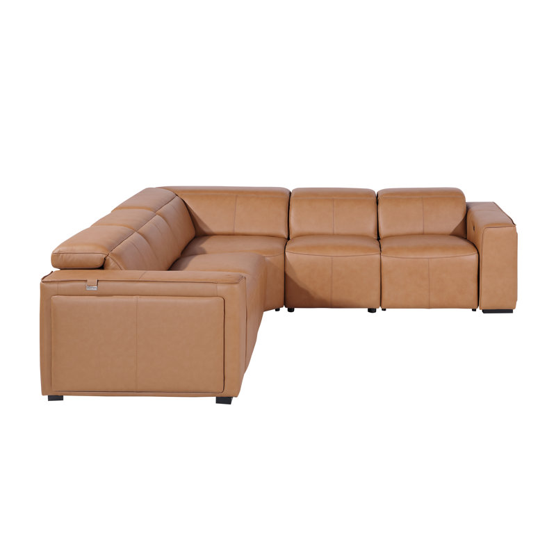 Top Grain Italian Leather 5-Piece L-Shaped Modular Power Reclining Sectional With Power Headrests, Cognac Genuine Leather