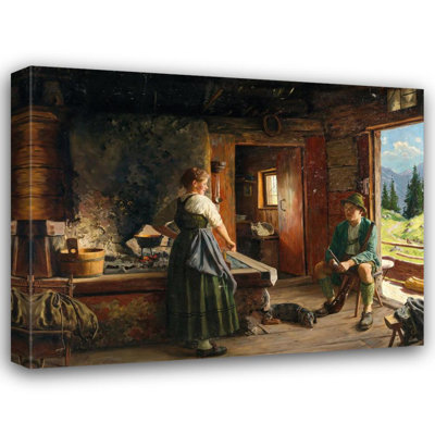 "A Hunter Resting in an Alpine Hut" by  Emil Rau - Gallery Wrap Canvas Wall Art