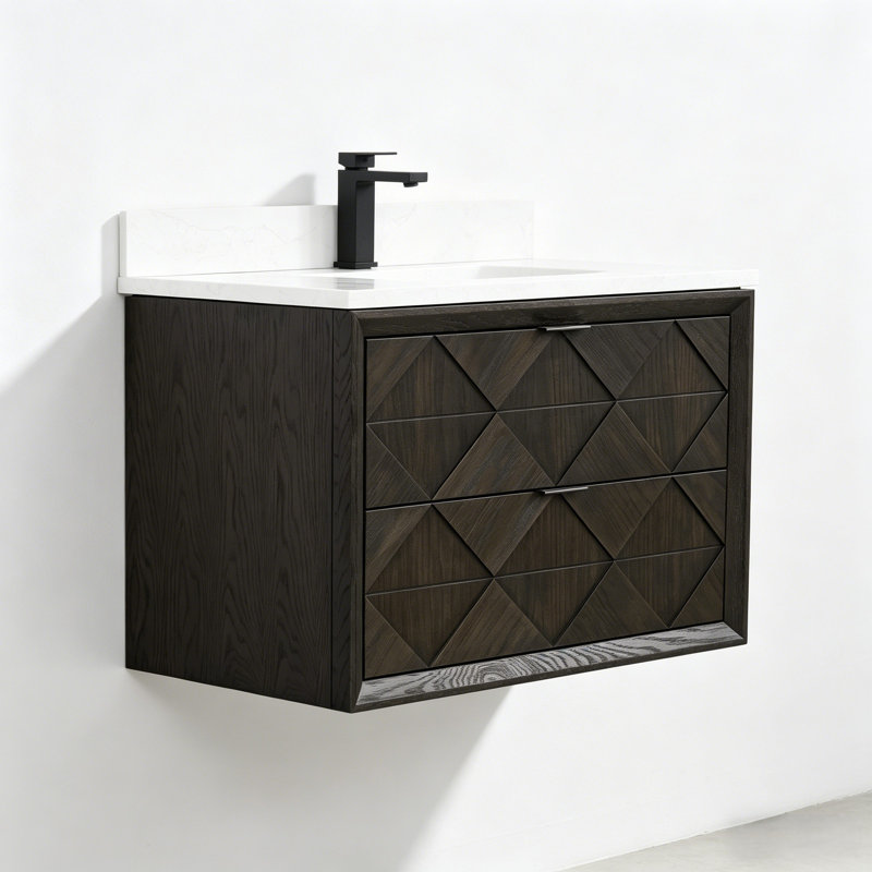 36" Transitional Floating Single Sink Solid Wood Dark Brown Oak Bath Vanity with Engineered Marble Top, Dark Brown Oak