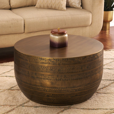 Modern Round Aluminum Hammered Texturing Metal Drum Coffee Table, Hand-Stamped Iron