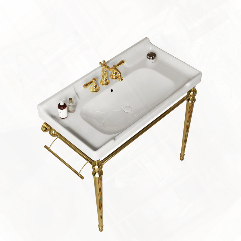 Console de salle de bain murale avec lavabo en céramique et trous de robinet pré-percés, Blanc