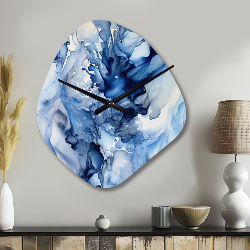 Abstract Classic Blue Waves V - Fractals Asymmetrical Metal Wall Clock, Blue Unique Shape Metal Clock Print, Small