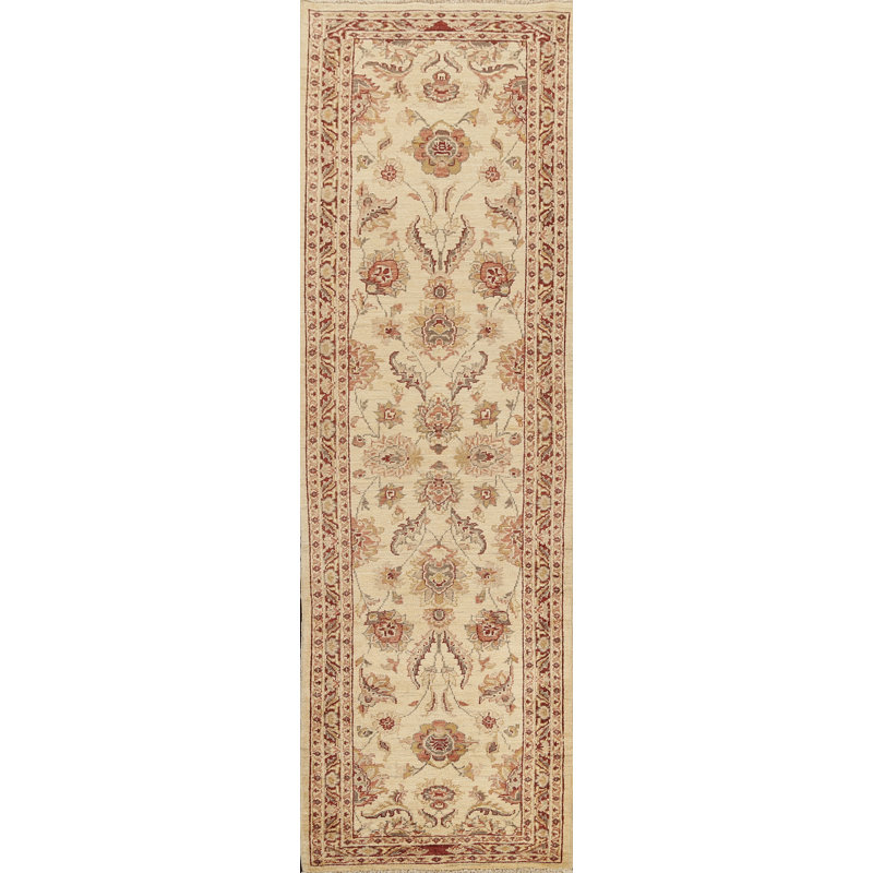Tapis de couloir unique en laine noué à la main beige / rouge 2 pi 9 po x 9 pi 10 po