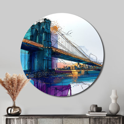 Abstract Brookyln Bridge In Aqua Reflection - New York City Round Metal Wall Decor