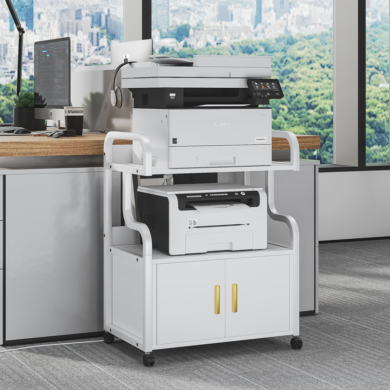 2 Tier Large Printer Stand With Cabinet Power Outlet, Printer Table With Storage Shelf, Rolling Printer Cart With Wheels For Home Office