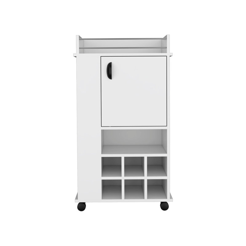 Bar Cart with 6 Built-in Wine Racks, Single-Door Cabinet, and 2 Open Shelves, White