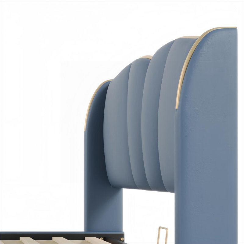 Structure de lit plateforme moderne en cuir PU, grand lit avec tête de lit à oreilles, sans sommier, bleu riche