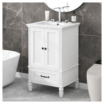 Meuble-lavabo blanc 20 po avec lavabo en céramique - Armoire de salle de bain moderne avec tiroir de rangement et butoirs magnétiques