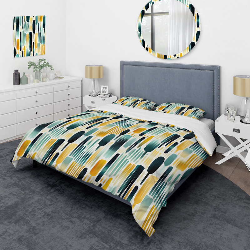 Green Adn Yellow Paint Striped Pattern Duvet Cover, King Duvet Cover + 2 King Shams