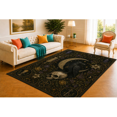 "Ultra Lightweight" 5'x7'Raven Skull Rug, Crescent Moon and Botanical Wreath Design, Smooth Printed Floor Cover for Bedroom, Study, Lounge and Gothic Home Decor