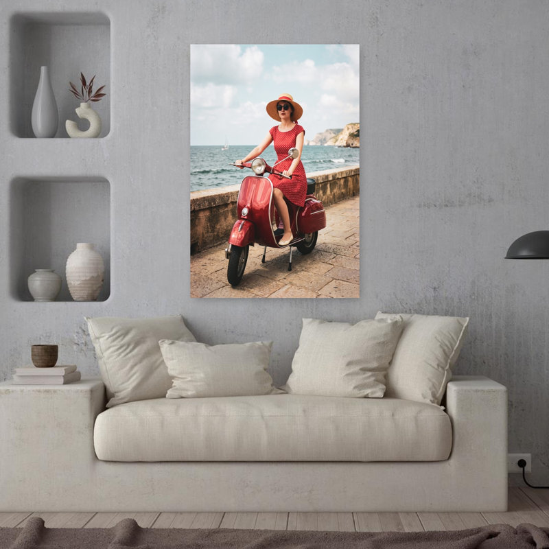 The Girl On The Red Scooter by Andreas Magnusson - Wrapped Canvas Print, 91.44 cm H x 60.96 cm W, Red/Blue