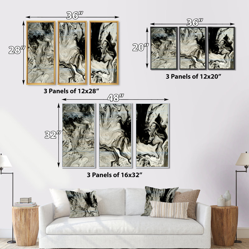 Blanc, gris et blanc peint à la main en marbre acrylique VII - ensemble d'art moderne sur toile encadrée moderne de 3