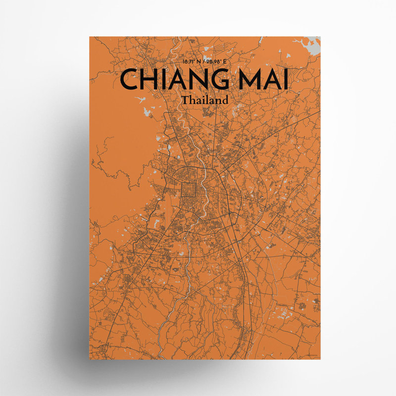 Chiang Mai City Map In Orange - No Frame Print, 27.6cm H x 19.7cm W x 0.05cm D