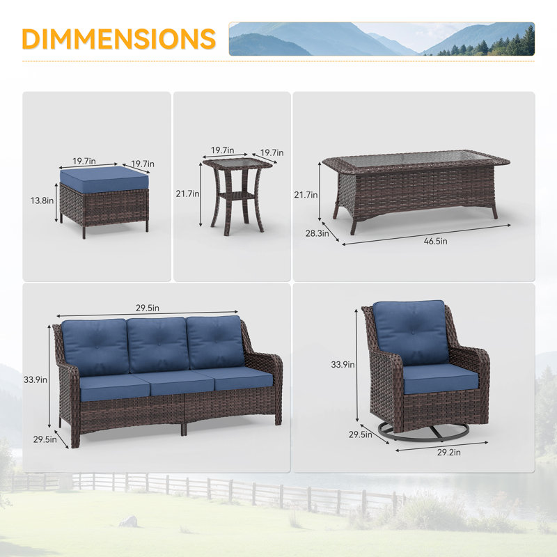 7-Piece All-Weather Wicker Patio Conversation Set With Swivel Chairs & Glass Coffee Table, Navy