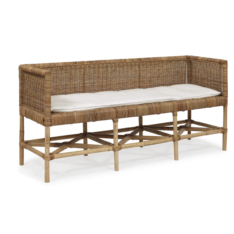 Natural Rattan Bench with Sugar Crypton Chenille Upholstery