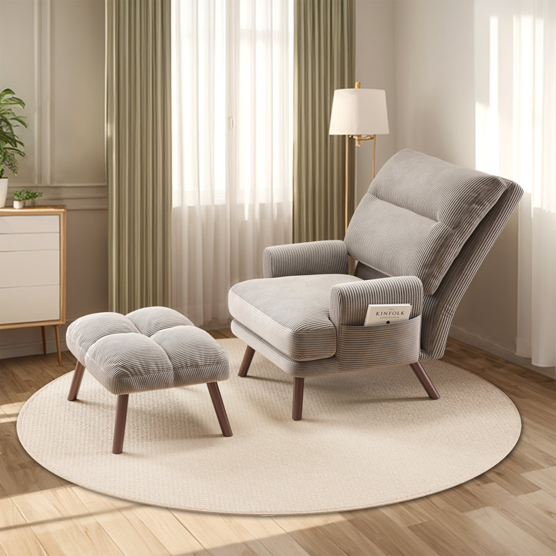 Hogle Upholstered Accent Chair with Ottoman, Dark Brown Wood, Gray Corduroy