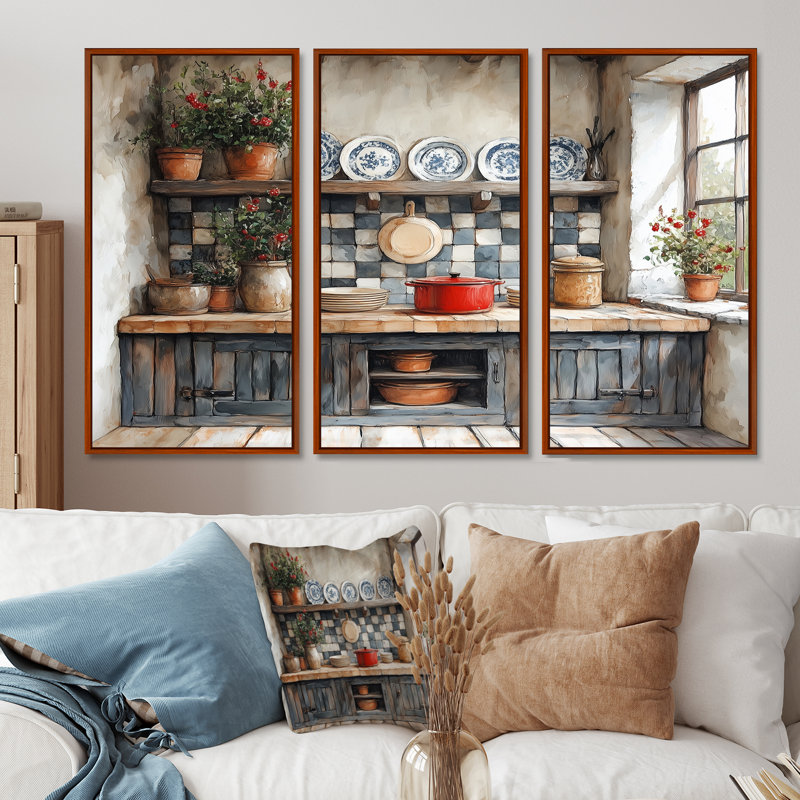 Country Kitchen Rustic Dream I - Ensemble d'art mural de cuisine, H 28 po x l 36 po x P 1 po, Toile avec cadre flottant brun