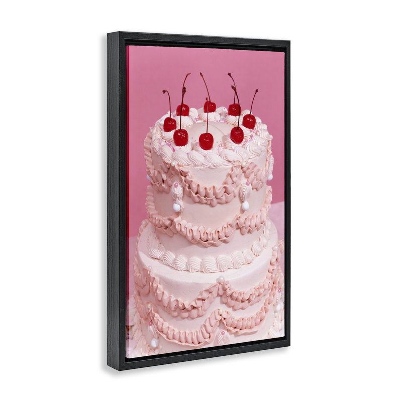 Toile flottante encadrée «Pink Cherries Cake» par Lish Creative, H 25 po x l 17 po, Cadre flottant noir de jais