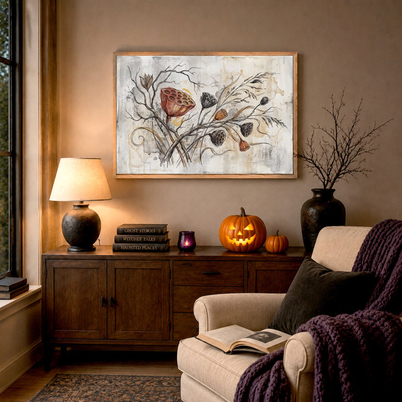 Aquarelle sur toile, cosses de lotus séchées, H 36 po x l 48 po