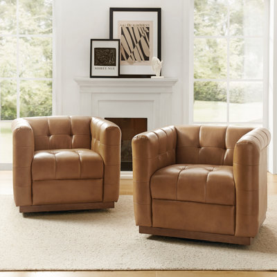 Sonika Genuine Leather Square Swivel Barrel Club Chair with Solid Wood Frame(Set of 2)