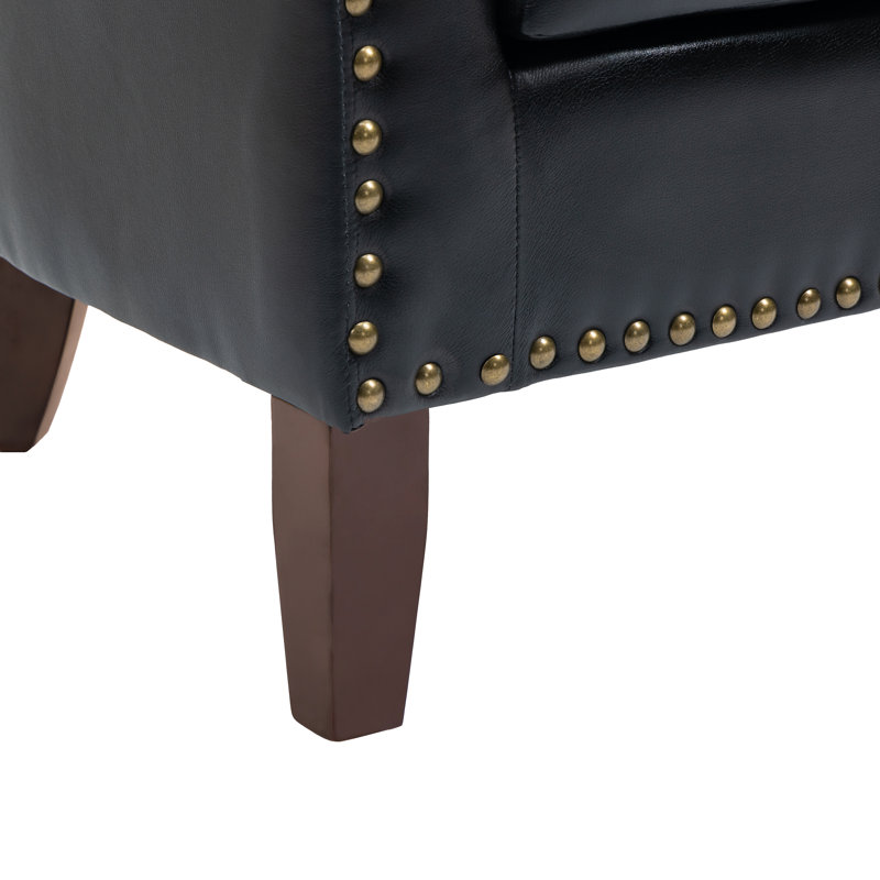 Edvardas Upholstered 29.11 Wide Black Faux Leather Tufted Barrel Club Chair with Nailhead Trim, Black Faux Leather