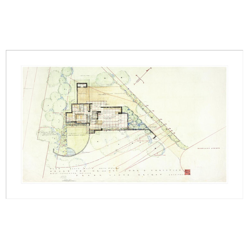 John E. Christian house West Lafayette Indiana. by Frank Lloyd Wright - Framed Giclee Print, 26.72" H x 41.5" W