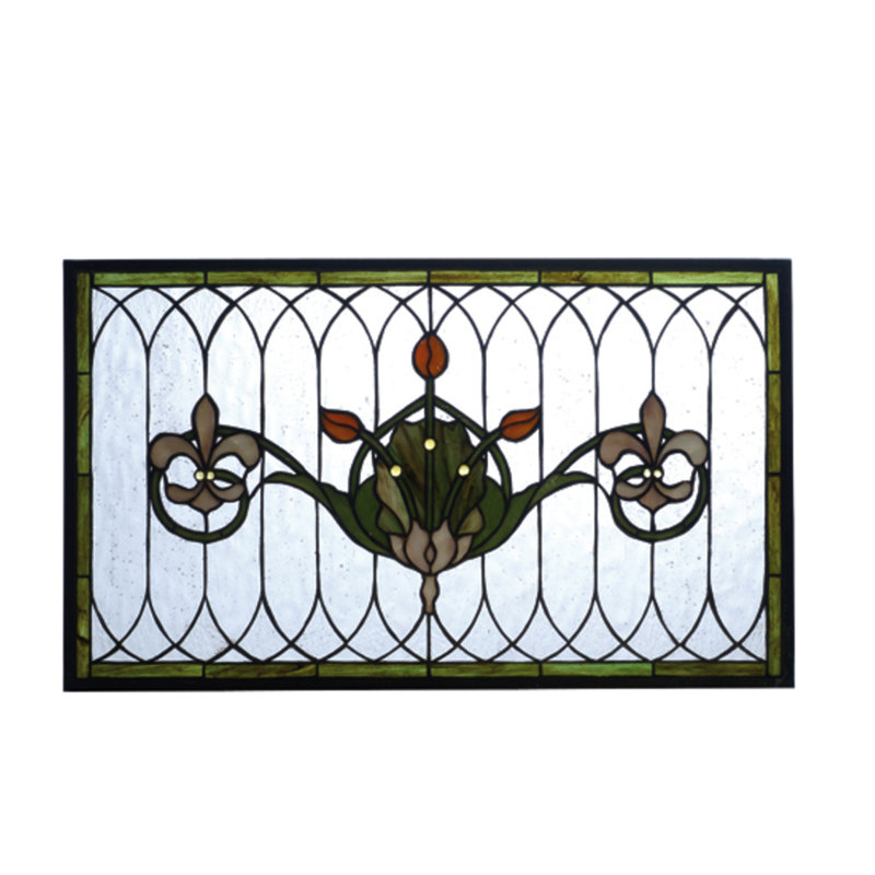Tulip and Fleurs Stained Glass Window, 14.38" H x 24.38" W x 16" D, Green/Gray