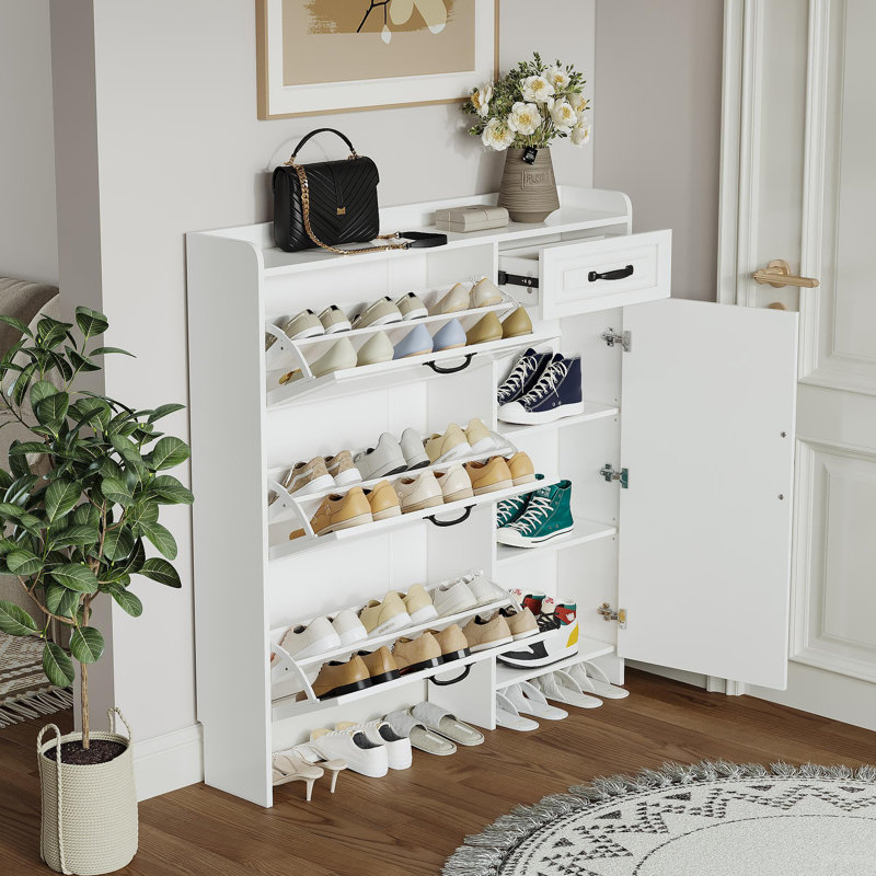 Range-chaussures blanc avec 4 portes et 1 tiroir, grand espace de rangement