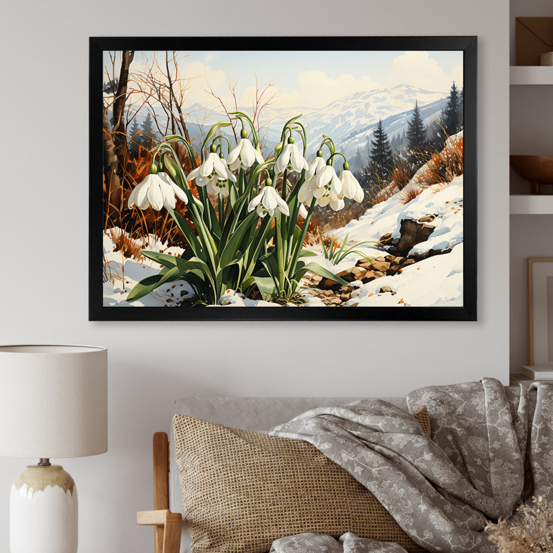 Impression sur toile Mountain Snowdrops Charm In Winter II - Snowdrops, H 12 po x l 20 po x P 1 po, Cadre simple noir