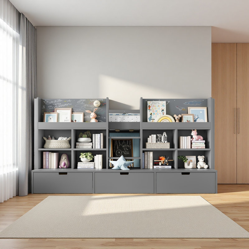 Lit mezzanine avec tablettes et rangements multiples, Lit simple, Gris