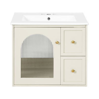 Meuble-lavabo mural 24 po avec lavabo en céramique, 2 tiroirs, trop-plein, rangement intelligent, assemblage facile, 1 porte à fermeture en douceur de conception contemporaine