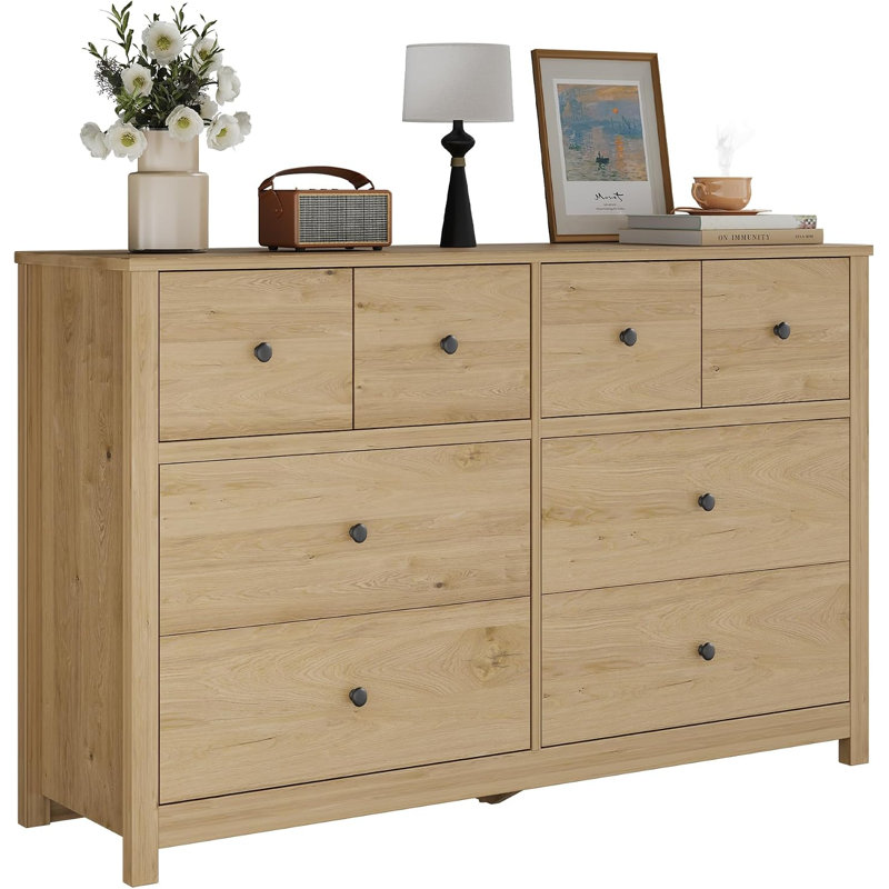 Commode 8 tiroirs Vintage avec pieds fuselés, finition chêne naturel, Ivory