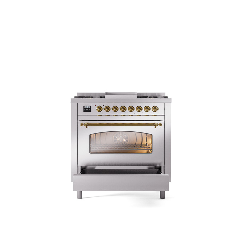 ILVE Nostalgie II 36 Dual Fuel Range, knobs, Stainless Steel/Brass, Natural Gas