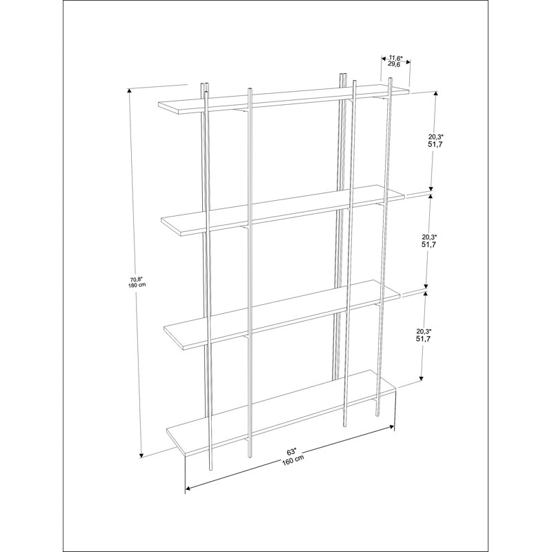 Assia 180cm H x160cm W Standard Bookcase, White, Black