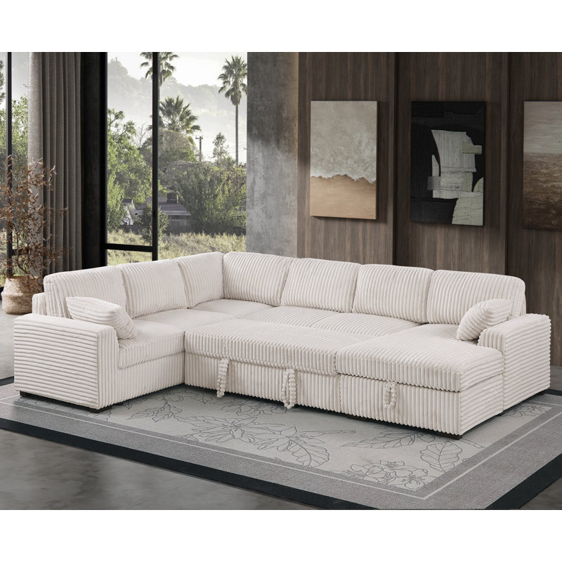 Très grand canapé-lit modulaire en U escamotable avec méridienne de rangement pour le salon, Beige